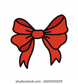 Elegant red bow of ribbon. Beautiful holiday decorative element, festive gift decor. Vector clipart isolated on white background