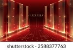 Elegant red carpet background with golden glow effect and glittering particles, suitable for VIP theme or award ceremony, elegant walkway view design concept.