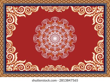 Elegant red carpet design featuring an intricate central mandala, ornate white and gold baroque borders, and a traditional geometric frame. Perfect for luxury textiles, carpet, and home decor.