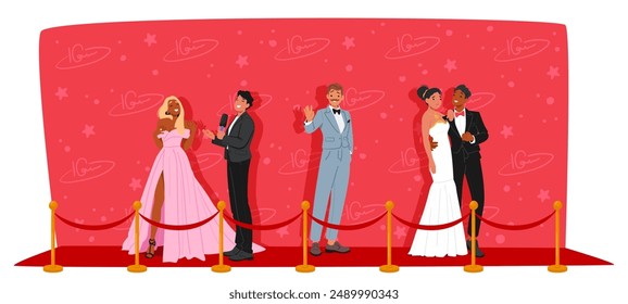 Elegant Red Carpet Event With Glamorous Attendees Posing And Interacting. Cartoon Vector Scene Evokes Feelings Of Celebration, Fashion, And Sophistication As The Guests Are Dressed In Formal Attire