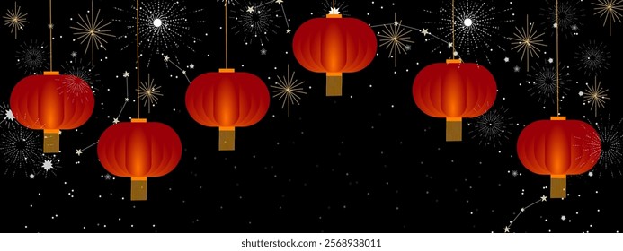 Elegant red Chinese lanterns glowing against a dark night sky, adorned with golden fireworks and sparkling stars, perfect for festive and cultural celebrations.