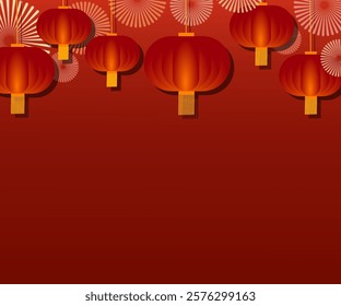 Elegant red Chinese lanterns vector illustration on a deep red gradient background with decorative radial patterns, perfect for festive or cultural-themed designs.