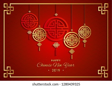 Elegant red chinese new year 2019 design . Vector greeting card with gold text. Illustration of abstract chinese new year graphic and background. - Template design