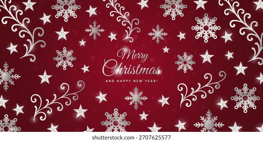 Elegant red Christmas background with silver snowflakes, stars, and swirls. Creative Christmas pattern background. Merry Christmas and Happy New Year typography, luxury holiday vector design.
