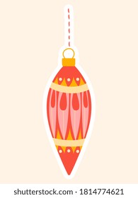 Elegant red Christmas bauble for a traditional Xmas tree with decorative pattern and white border, colored vector illustration