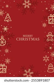 Elegant red christmas greeting card with gold snowflakes, xmas trees, gingerbread men, and gifts for sending holiday greetings
