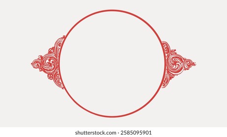 Elegant red circular frame with intricate swirls. Decorative swirls adorn the frame. Perfect for invitations or announcements. Swirls add a classic touch. Vintage art illustration, vector.