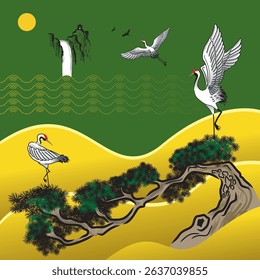 Elegant red crown cranes and pine tree drawing. Vector presented in Chinese ink brush style.