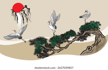 Elegant red crown cranes and pine tree drawing. Vector presented in Chinese ink brush style.
