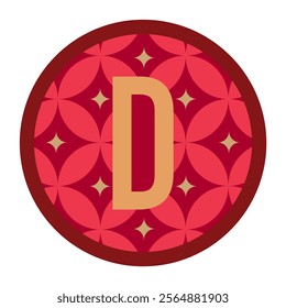 Elegant red D letter in a circular floral motif design with golden accents, blending intricate geometry and modern aesthetics for decorative use.