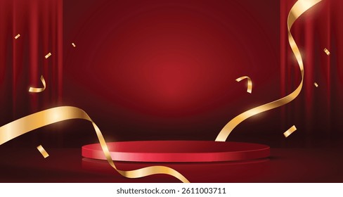 Elegant red empty podium with blank circle and golden confetti background. Luxury design for product display.