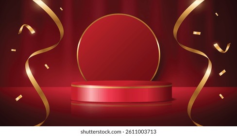 Elegant red empty podium with blank circle and golden confetti background. Luxury design for product display.