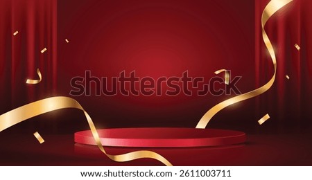 Elegant red empty podium with blank circle and golden confetti background. Luxury design for product display.