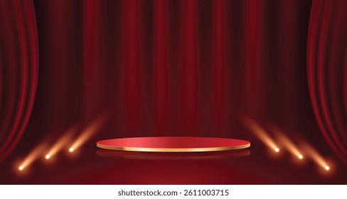 Elegant red empty podium with light effect and curtain background. Luxury design for product display.
