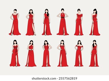 Elegant red evening gown collection for women. Ideal for showcasing fashionable designs and formal wear illustrations.