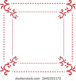 Elegant red frame with floral corner accents and dotted lines, perfect for invitations or decorative design elements.