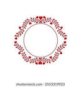 Elegant red frame in a round shape with decorative heart ornaments, designed to bring passion and charm to romantic templates or Valentine cards.