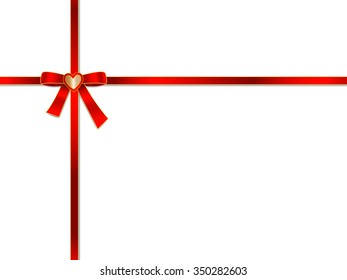 Elegant red gift ribbon bow with golden heart badge in the middle