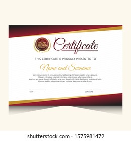 Elegant red and gold diploma certificate template. Use for print, certificate, diploma, graduation, appreciation, award. Vector illustration.