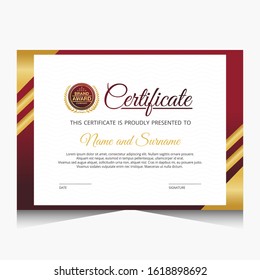 Elegant red and gold diploma certificate template. Use for print, certificate, diploma, graduation, appreciation, award. Vector illustration.