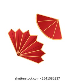 Elegant red and gold fan design illustration with geometric accents.