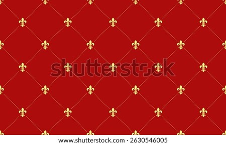 Elegant red and gold fleurdelis pattern.  Perfect for luxurious backgrounds, invitations, or website designs. This repeating texture evokes royalty, sophistication, and French heritage.