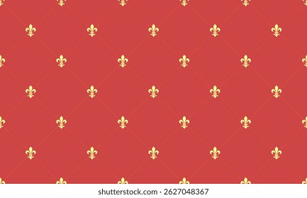 Elegante vermelho e ouro fleurdelis padrão sem emenda.  Perfeito para projetos reais e luxuosos ideais para fundos de site, impressões têxteis ou artigos de papelaria.