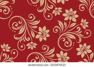 Elegant Red and Gold Floral Damask Pattern with Ornate Swirls and Classic Design