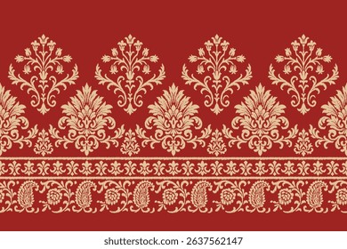 Elegant red and gold ikat damask pattern with intricate floral and paisley designs, perfect for luxurious wallpaper, fabric, or decorative purposes in ornate vintage symmetrical style.