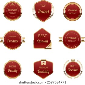 Elegant red and gold label set with luxury design. Ideal for best quality tags, award emblems and certified seals for top rated products. Premium vector badges for branding and packaging.