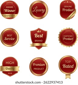 Elegant red and gold label set with luxury design. Ideal for best quality tags, award emblems and certified seals for top rated products. Premium vector badges for branding and packaging.