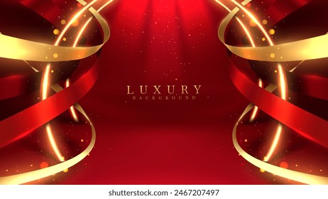 Elegante fondo de lujo rojo y dorado con cintas giratorias y detalles brillantes, perfecto para eventos festivos y marcas de lujo. Ilustración vectorial.