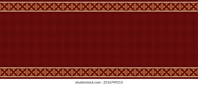 Elegant red and gold pattern background. Luxurious Thai style border design. Red texture with diamond shapes. Decorative golden motifs. Traditional Asian red pattern. Ornate red border.