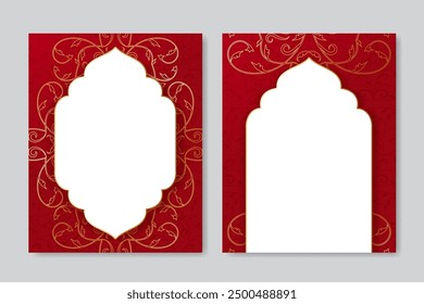 Elegant red and gold wedding card invitation template set. Islamic wedding card, flyer, menu, background