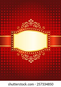 Elegant red halftone dotted background and golden decorative marquee frame with ribbon