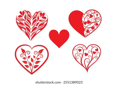 Elegant Red Heart Designs with Floral and Swirl Patterns - Perfect for Valentine's Day and Romantic Themes