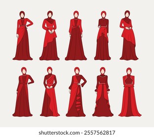 Elegant red hijab gown collection for formal wear. Perfect for showcasing modest fashion and stylish attire designs.