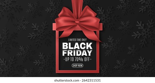 Elegant red label gift box for Black Friday sale adorned brilliant ribbon and scattered snowflakes on a dark background. Banner for holiday sales, retail marketing, and festive shopping. Vector.