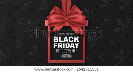 Elegant red label gift box for Black Friday sale adorned brilliant ribbon and scattered snowflakes on a dark background. Banner for holiday sales, retail marketing, and festive shopping. Vector.