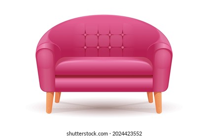 Elegant Red Leather Sofa With Wooden Legs. Piece Of Furniture Red Couch. Realistic Vector Illustration Isolated On White