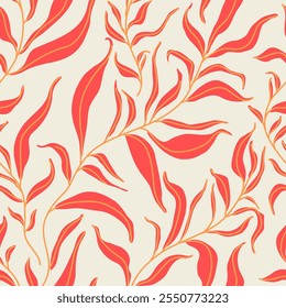 Elegant red leaves branch abstract seamless pattern. Leaf modern art background. Organic shapes design for summer prints, cover, home deco wallpaper, social media post, story. Vector art