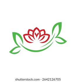 Elegant red lotus flower with green leaves minimalist line art design for wellness and spa logo