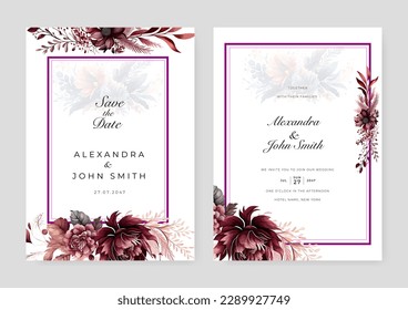 Elegant red maroon floral watercolor wedding invitation card template