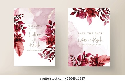 plantilla de tarjeta de invitación de boda floral maroon rojo elegante