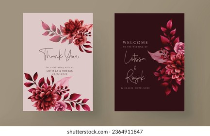 plantilla de tarjeta de invitación de boda floral maroon rojo elegante