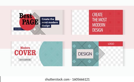 Elegant red and pastel colors linear patterns. Background set horizontal banner templates with frame for images. Stylish design for creativity.
