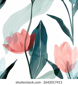 Elegant Red Pink Aqua Terra Brown French Grey White Abstract Wild Rose Flower Leaf Watercolor Scandinavian Design Seamless Pattern Wallpaper Curtain Bedding Pastel Fabric Background Vector
