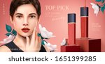 Elegant red and pink lip gloss on square podium and beautiful woman besides them, 3d illustration lip gloss