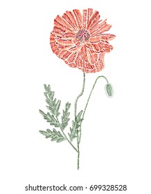 Elegant red poppy flower, design element. Can be used for cards, invitations, fashion ornaments, fabrics, manufacturing, clothing design. Embroidery style decorative flowers. Editable