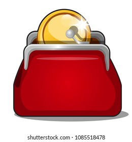 Elegant red purse filled with golden coins isolated on white background. Vector cartoon close-up illustration.